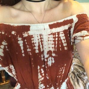 Off the shoulder rust tie dye romper